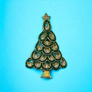 Christmas Tree Brooch, Gold Tone With Sparkling Wht Stones As Lights On The Tree